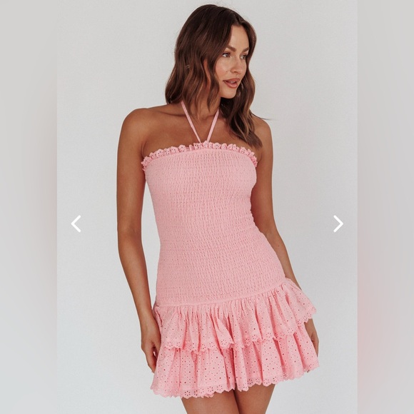 Selfie Leslie Dresses & Skirts - Selfie Leslie Franni Shirred Drop Waist Mini Dress Pink